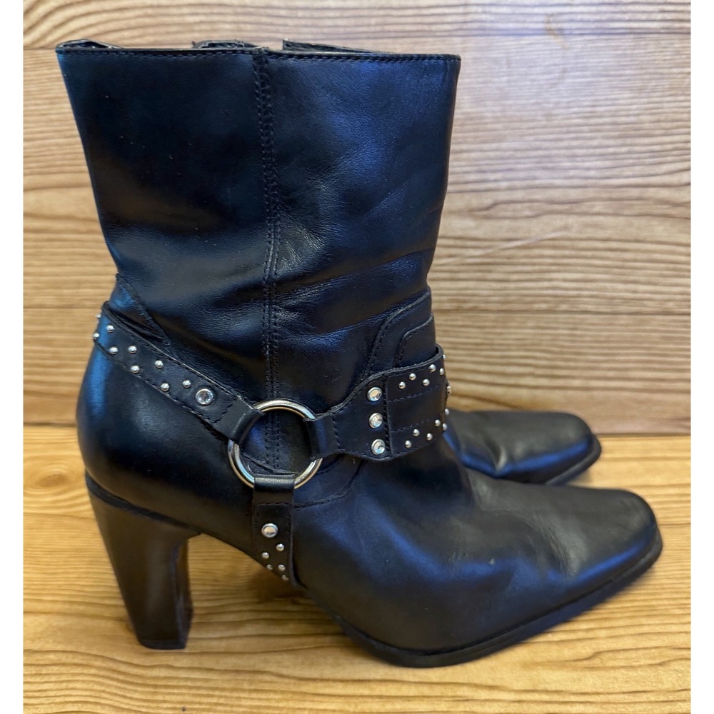 Harley Davidson Boots Women's Sz 8‎ Black Leather Studded Riding Heels Buckle